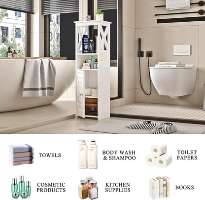 5-Tier White Bathroom Floor Cabinet with Door & Open Shelf – Space-Saving Storage.