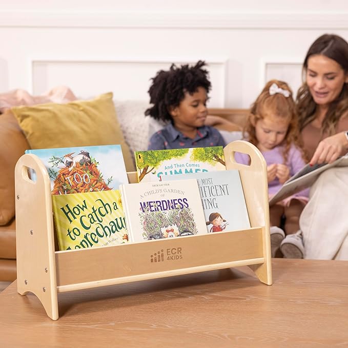 ECR4Kids 2-Tier Tabletop Book Display – Natural Wooden Beginner Bookshelf with Handles for Classroom, Nursery & Playroom