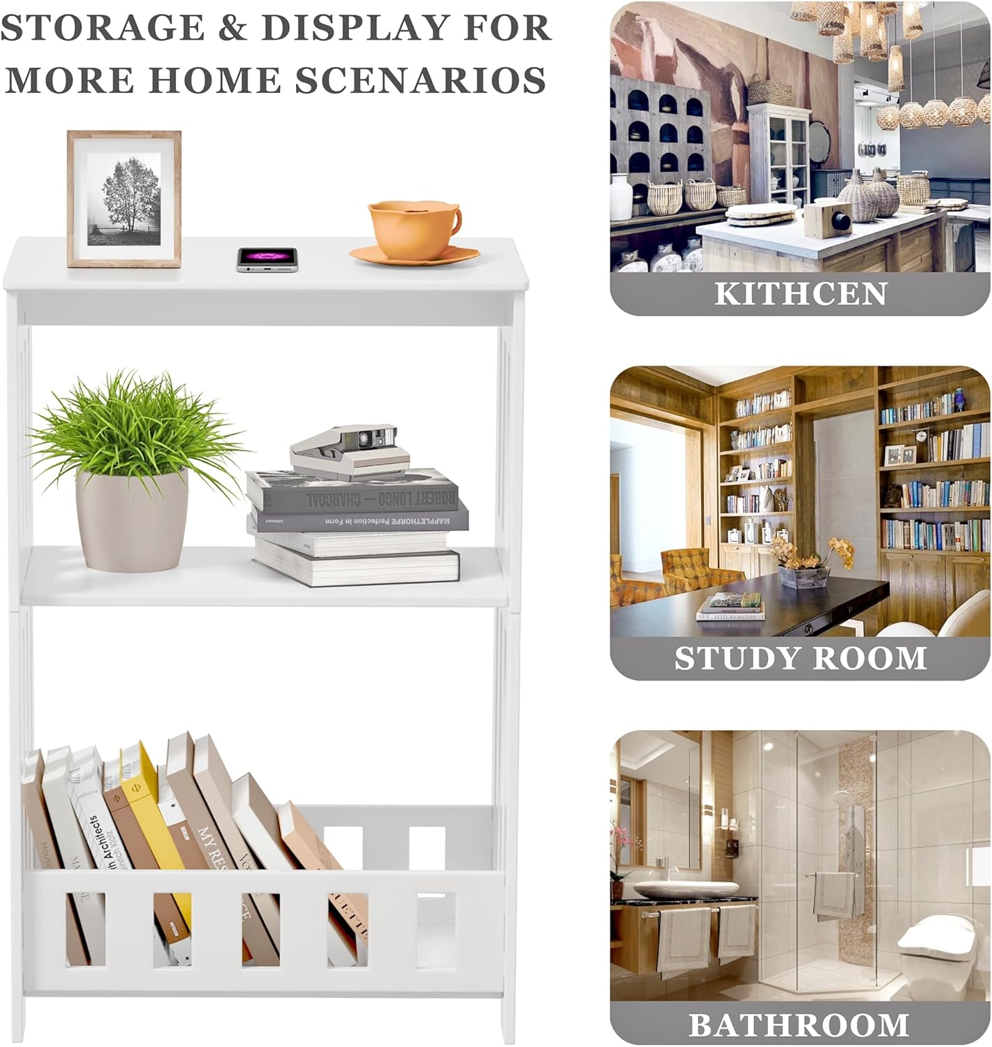 Modern 3-Tier Compact Bookshelf – Slim White Storage Shelf for Bedroom, Office & Living Room Décor