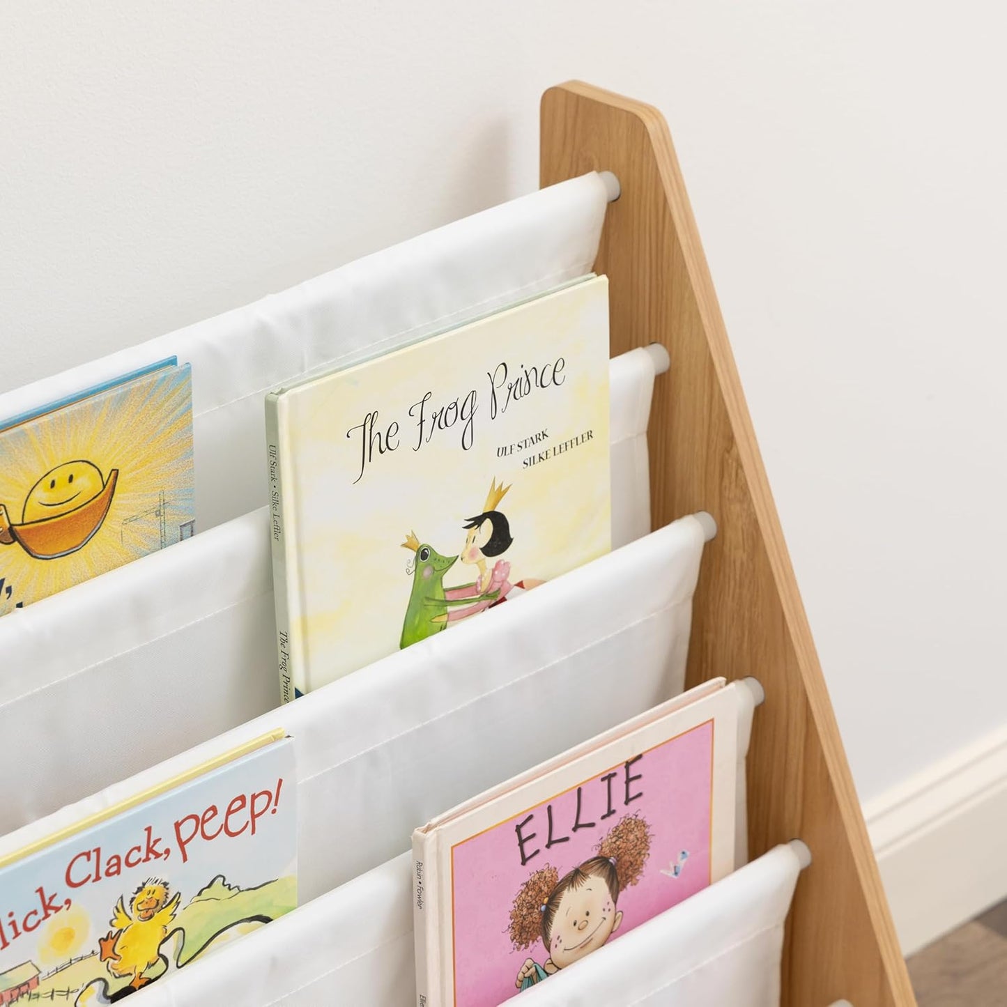 Kids 5-Tier Sling Bookshelf – Front-Facing Fabric Book Display Rack for Toddlers & Children