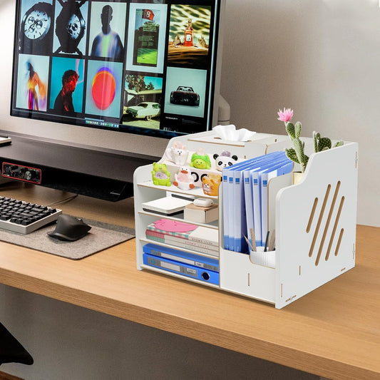 4-Layer Wooden Desktop Organizer with Tissue Box & Pen Holder – White Office Desk Storage Rack for Stationery, Files & Accessories