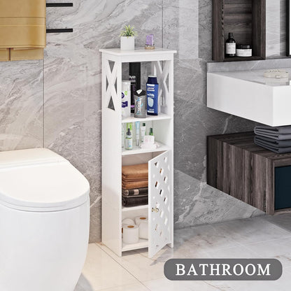 5-Tier White Bathroom Floor Cabinet with Door & Open Shelf – Space-Saving Storage.