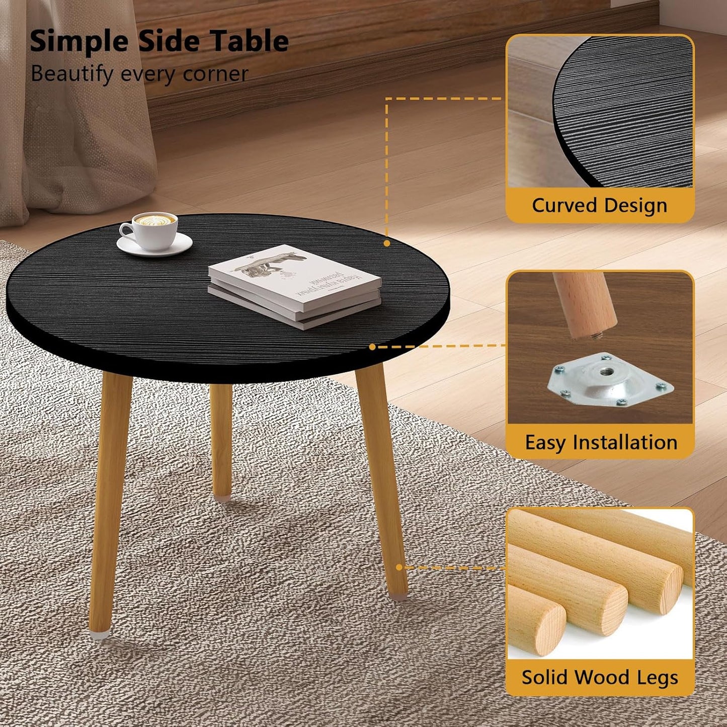 Round MDF Coffee Table – Low Floor Sitting Table with 3 Solid Wood Legs for Living Room, Bedroom & Study Space