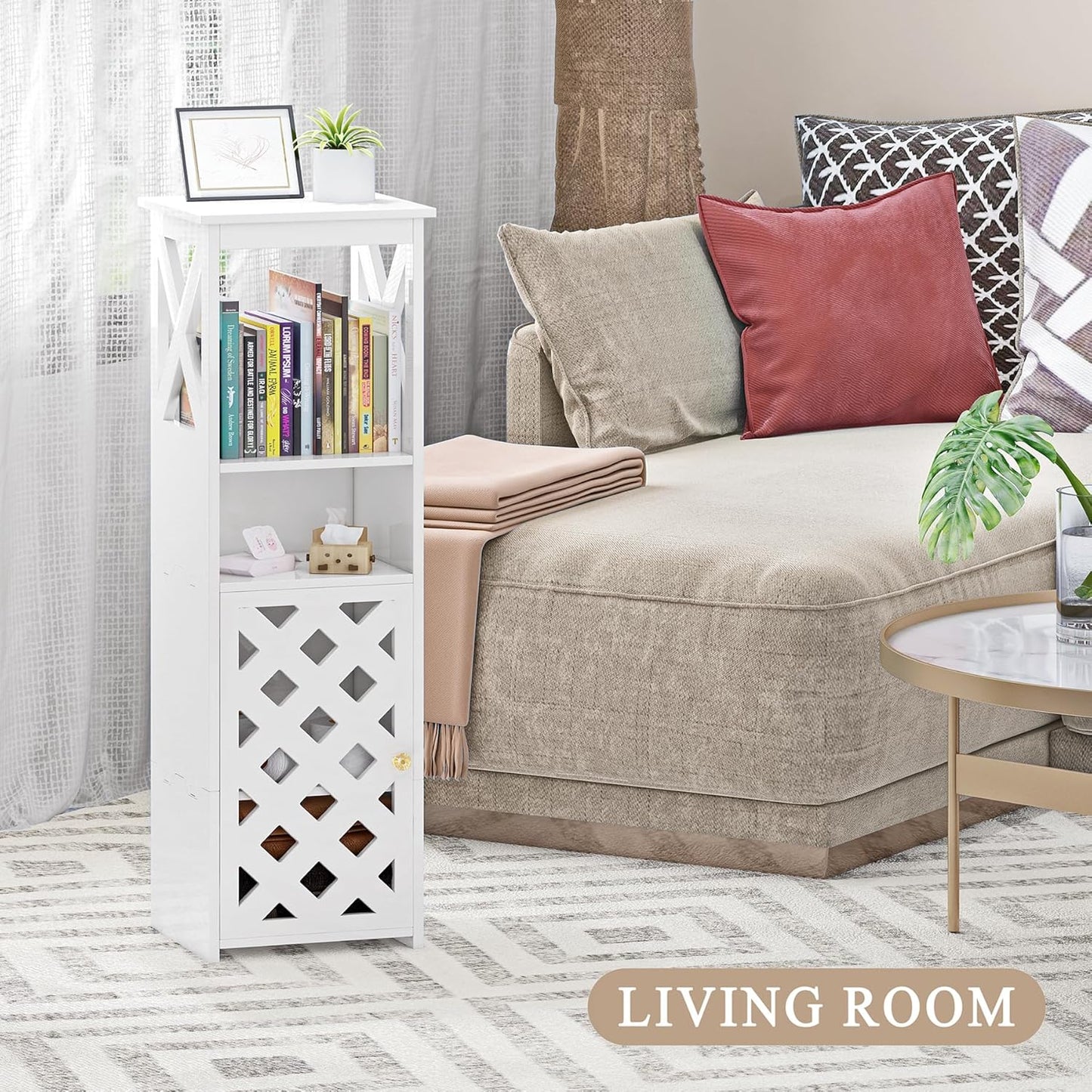 5-Tier White Bathroom Floor Cabinet with Door & Open Shelf – Space-Saving Storage.