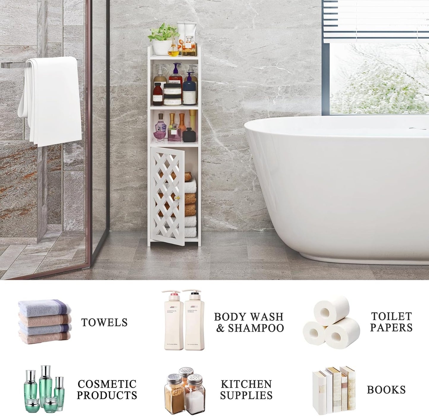 Slim Freestanding Bathroom Storage Cabinet – Compact Organizer with Door & Open Shelf for Narrow Spaces, Kitchen & Living Room