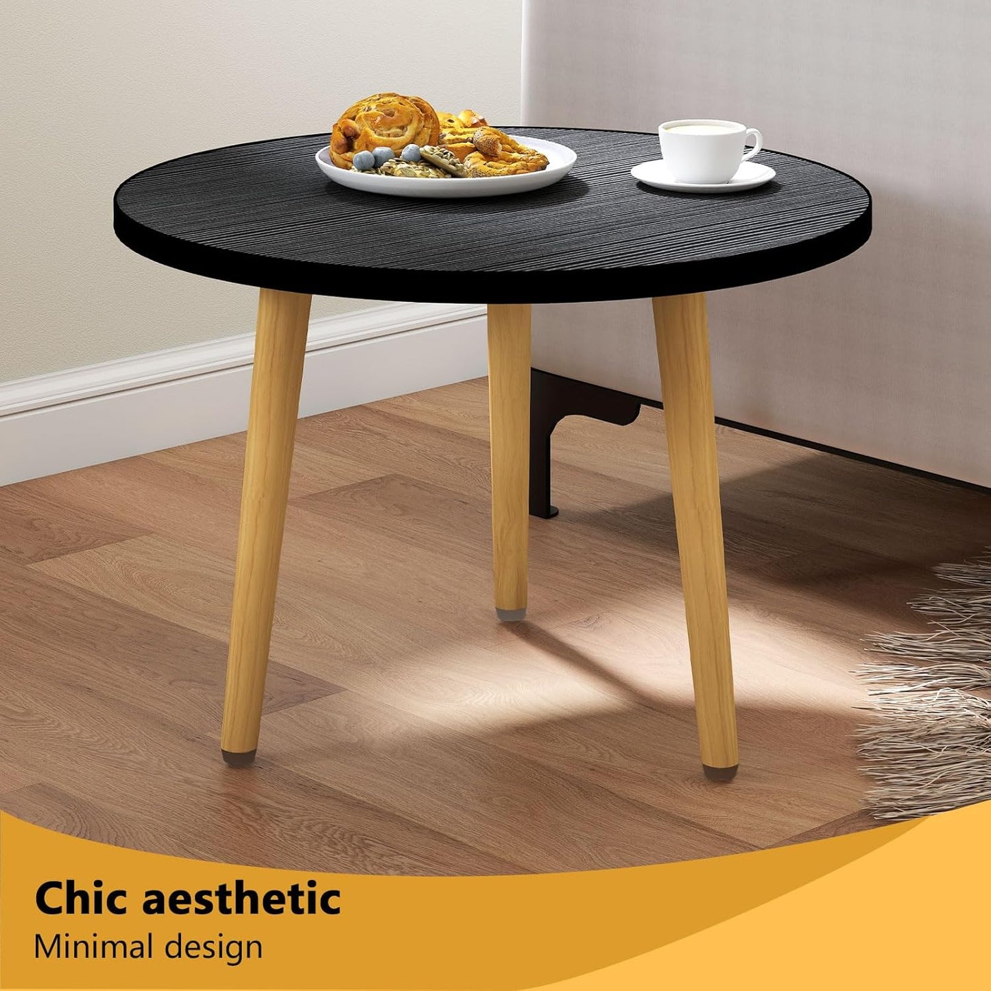 Round MDF Coffee Table – Low Floor Sitting Table with 3 Solid Wood Legs for Living Room, Bedroom & Study Space