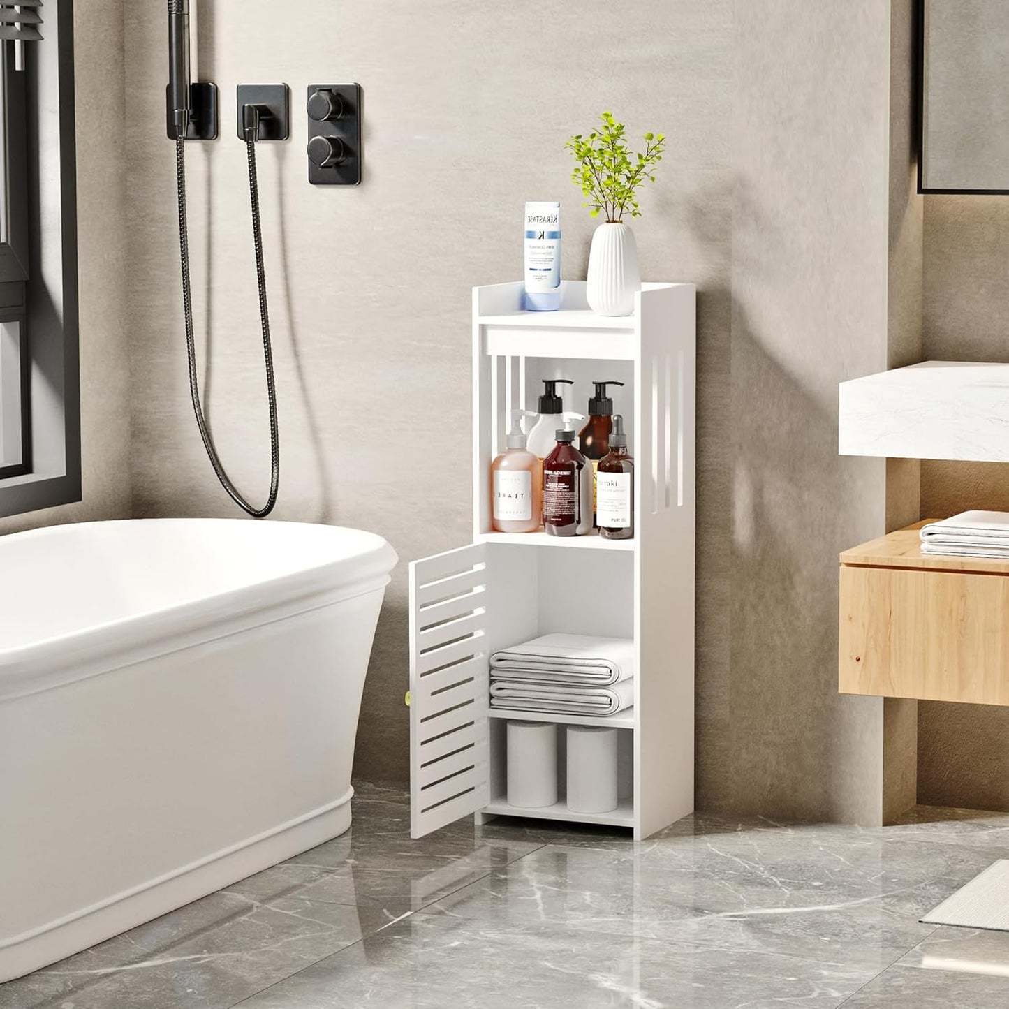 Slim 4-Tier Bathroom Storage Cabinet – Narrow Organizer with Door & Open Shelves for Small Spaces