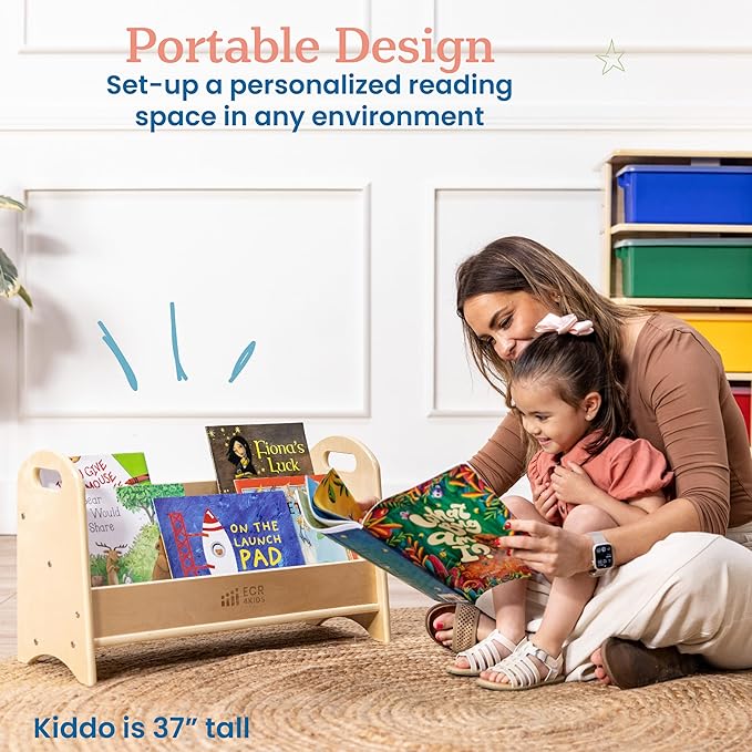 ECR4Kids 2-Tier Tabletop Book Display – Natural Wooden Beginner Bookshelf with Handles for Classroom, Nursery & Playroom