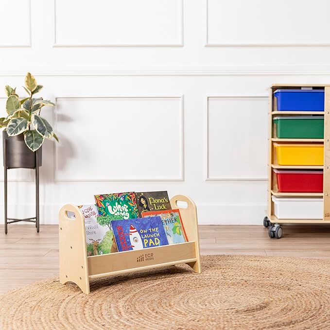 ECR4Kids 2-Tier Tabletop Book Display – Natural Wooden Beginner Bookshelf with Handles for Classroom, Nursery & Playroom