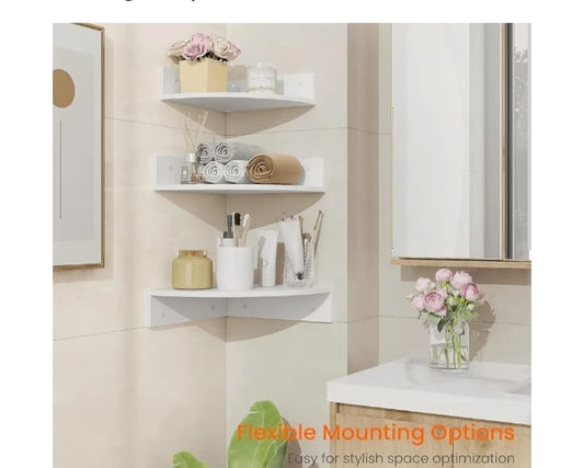 Modern Floating Corner Wall Shelves – Set of 3 Wooden Corner Display Racks for Living Room, Bedroom & Kitchen (White)