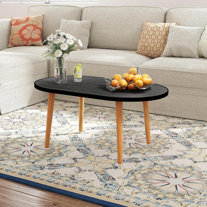 Oval MDF Coffee Table – Low Floor Sitting Table with 4 Solid Wood Legs for Living Room, Bedroom & Study Area