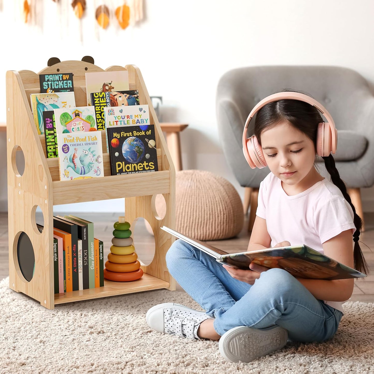 Woodtoe 5-Tier Montessori Bookshelf with Chalkboard & Toy Storage – Large Wooden Book Display Shelf for Kids’ Bedroom, Nursery & Classroom