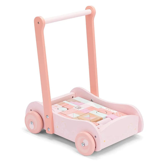 Pink Wooden Baby Walker with Blocks – Learning Push Toy for Toddlers