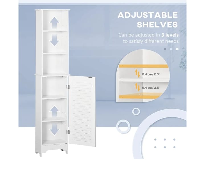 Slim White Storage Cabinet with Shelves and Door