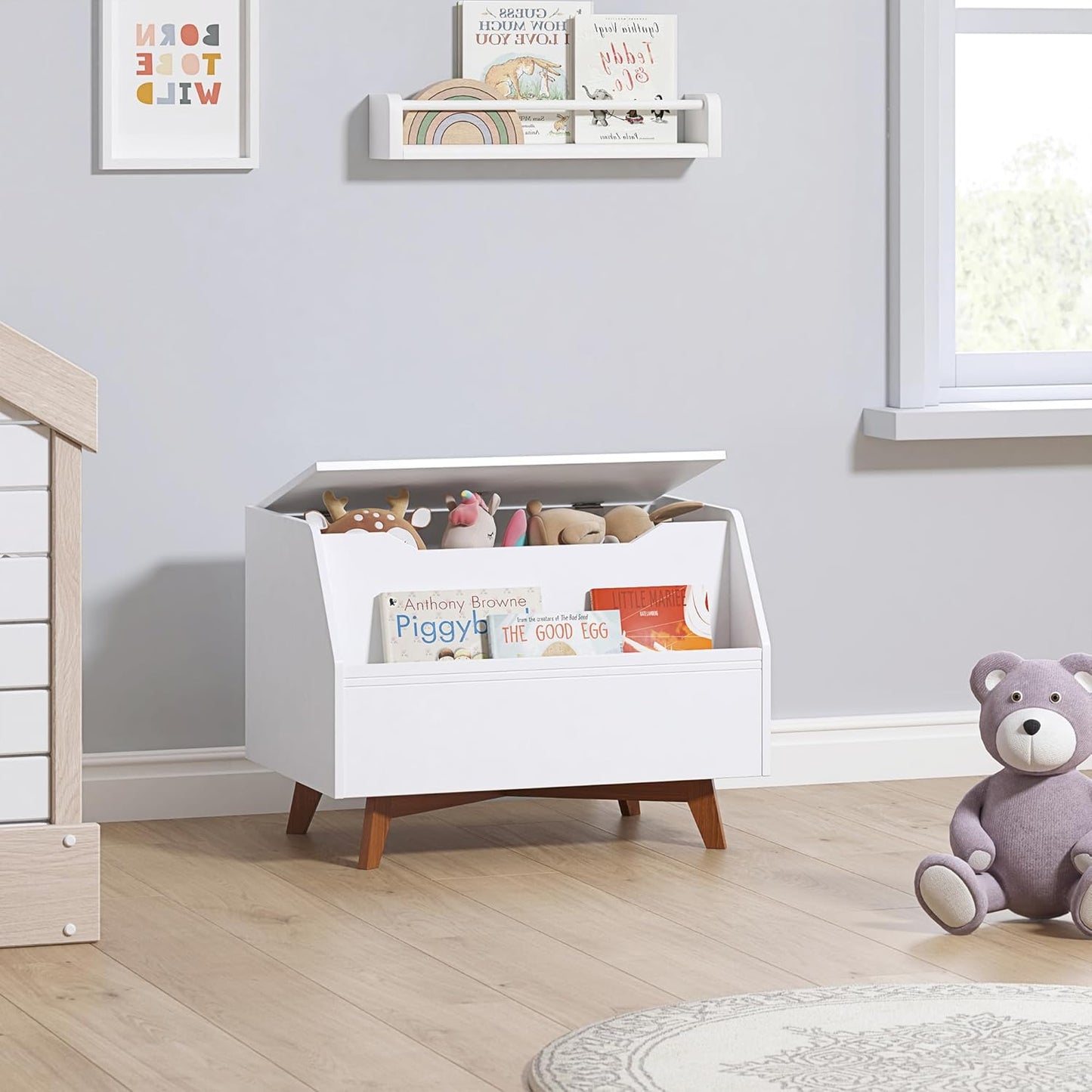 Kids Wooden Toy & Book Storage Box – Modern Organizer with Lid and Open Shelf