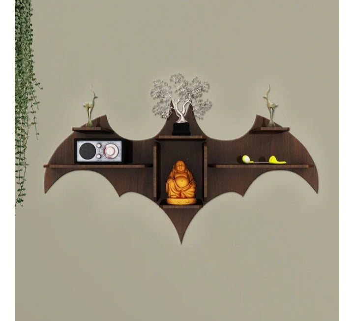 Bat Shape Wooden Wall Shelf – Designer Book Rack in Premium Walnut Finish