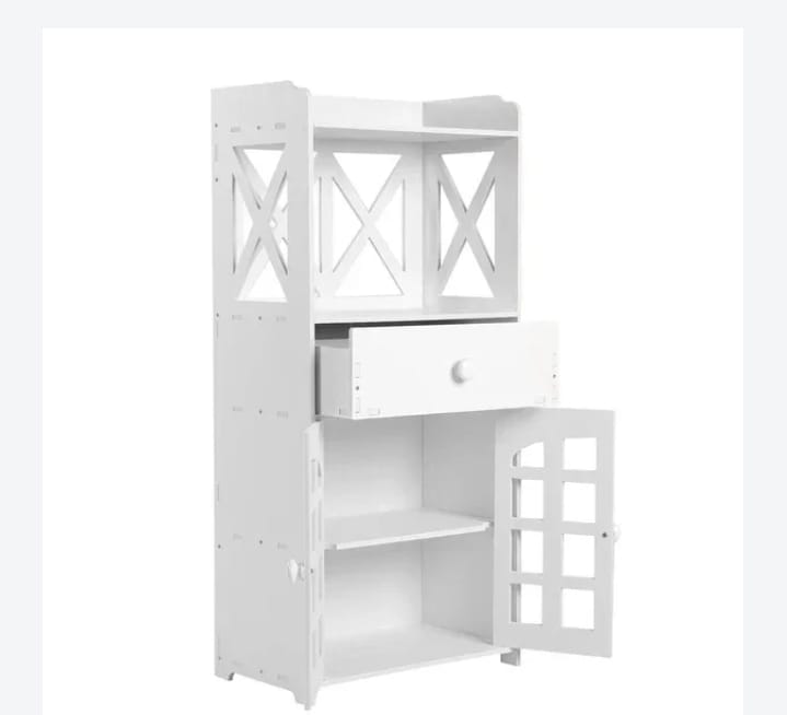 Modern White Bathroom Storage Cabinet with Shelves & Drawer