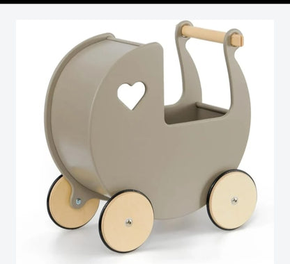 Wooden Doll Pram Stroller – Heart Cut-Out Design – Toddler Push Toy