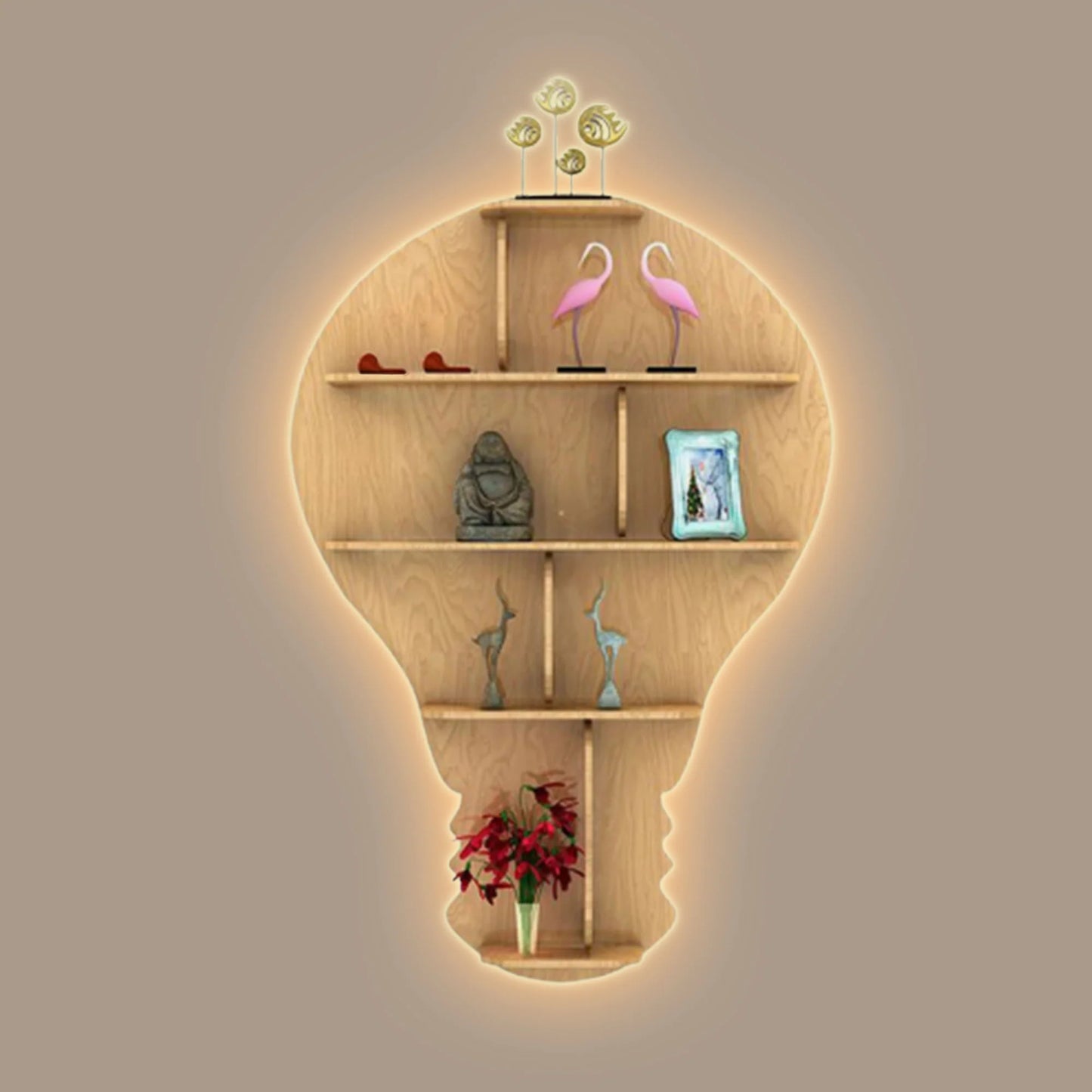 Bulb Shape Backlit Wooden Wall Shelf with LED Night Light – Light Oak Finish
