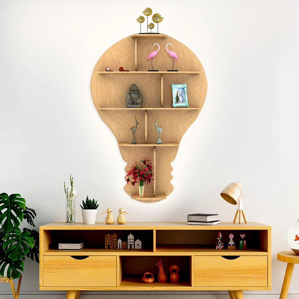 Bulb Shape Backlit Wooden Wall Shelf with LED Night Light – Light Oak Finish