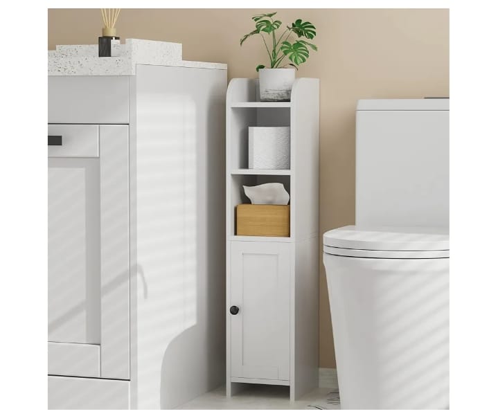 Elegant White Slim Bathroom Storage Cabinet – Multi-Functional Shelf with Door