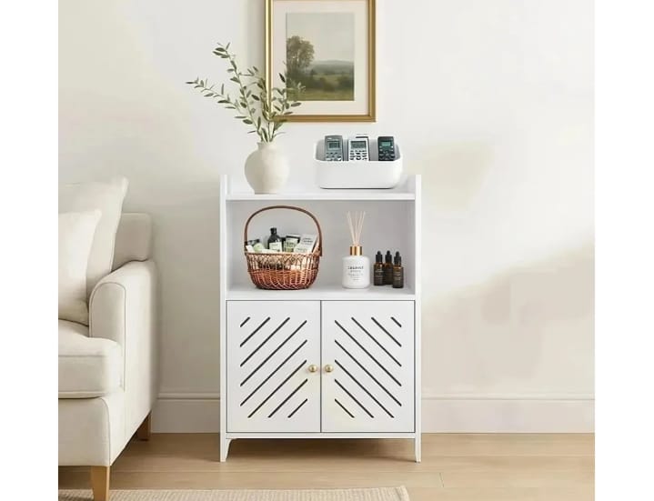 Modern Bathroom Storage Cabinet with Double Doors & Open Shelf