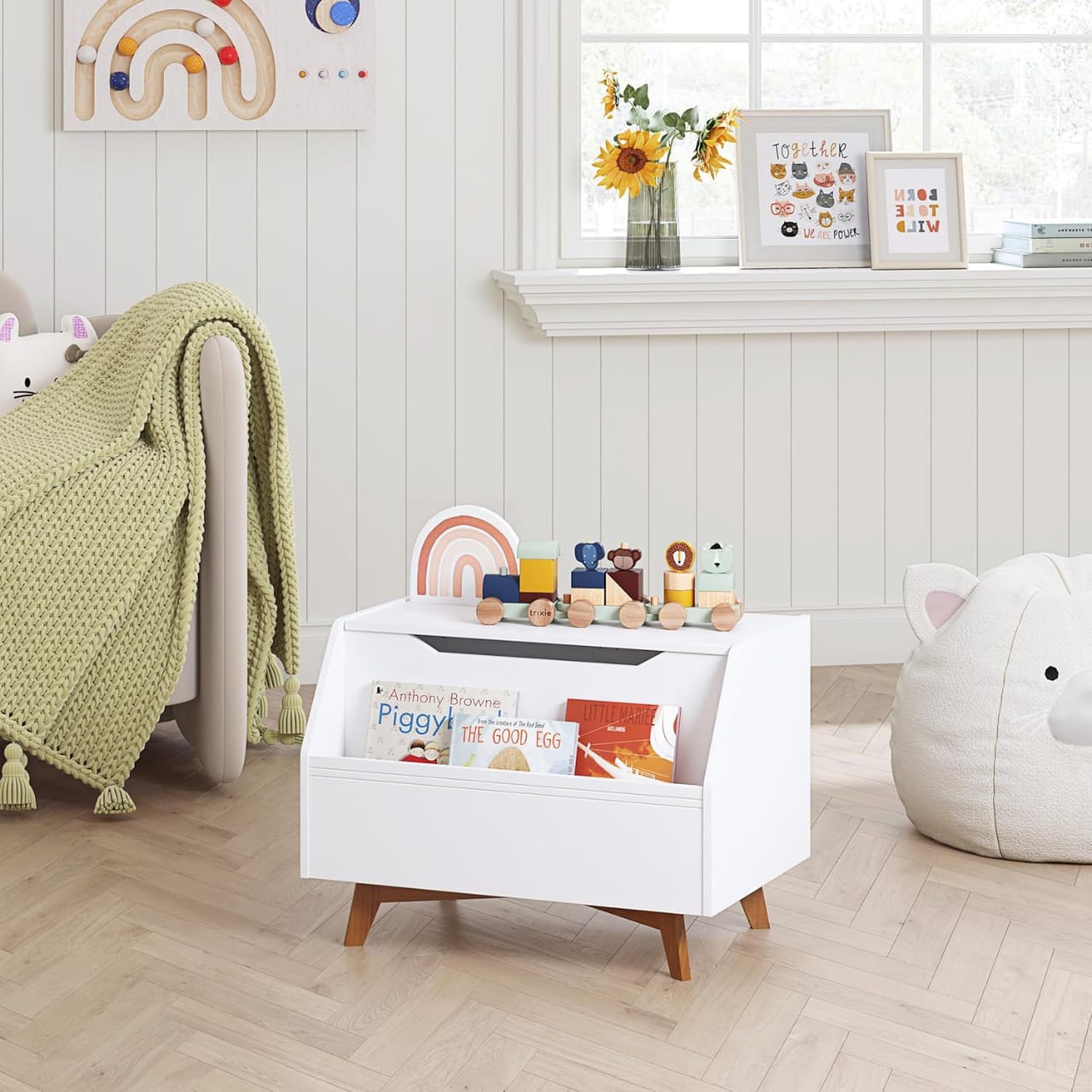 Kids Wooden Toy & Book Storage Box – Modern Organizer with Lid and Open Shelf