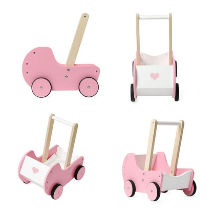Pink Wooden Baby Walker Cart – Toddler Push Toy with Storage Box