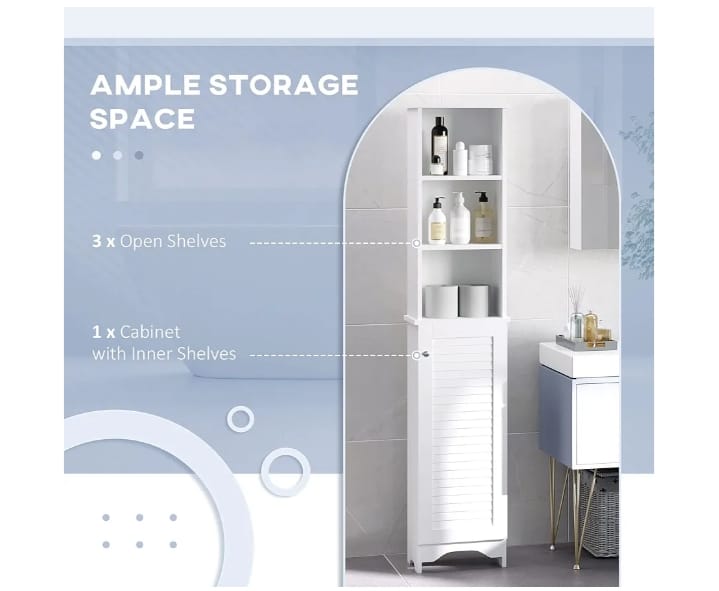 Slim White Storage Cabinet with Shelves and Door