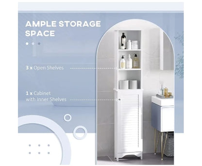 Slim White Storage Cabinet with Shelves and Door
