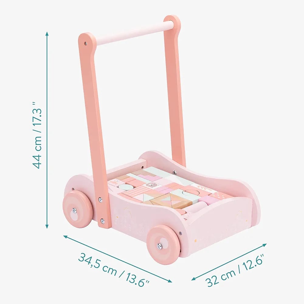 Pink Wooden Baby Walker with Blocks – Learning Push Toy for Toddlers