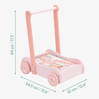Pink Wooden Baby Walker with Blocks – Learning Push Toy for Toddlers