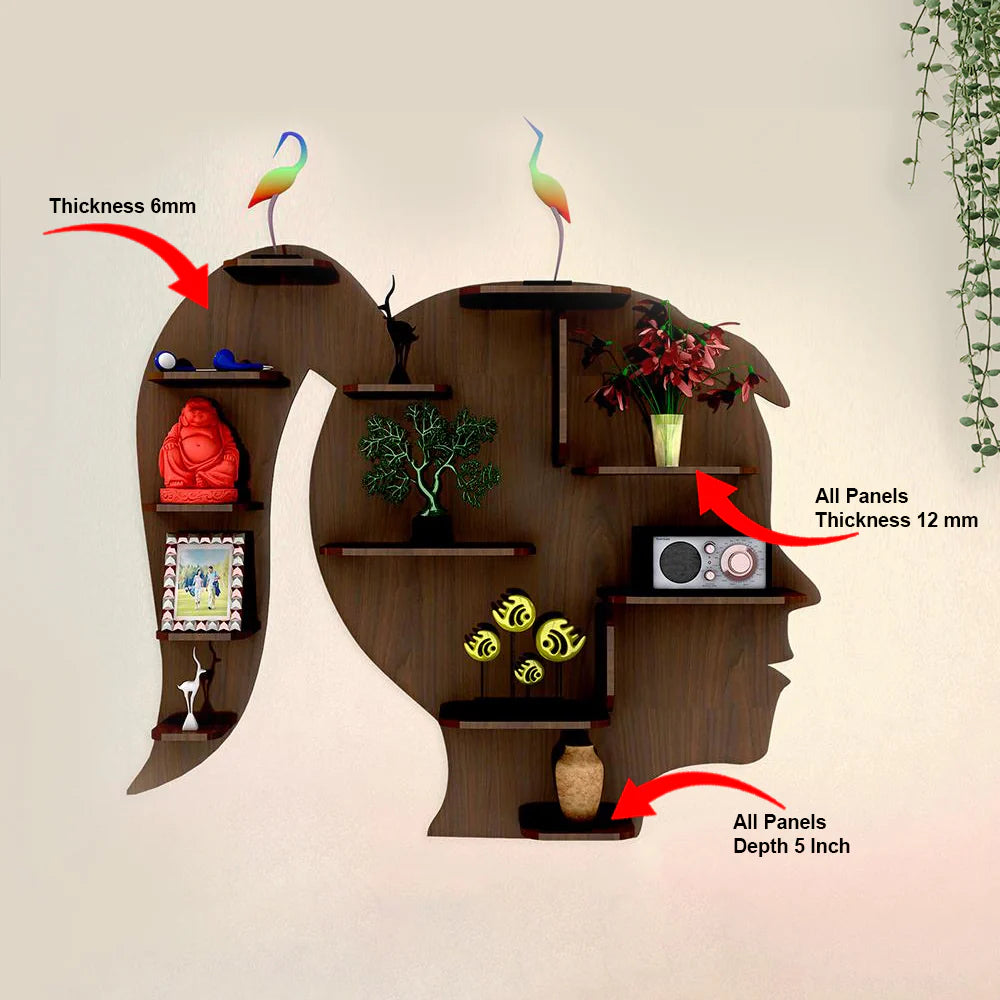 Girl Backlit Wooden Wall Shelf / Designer Book Shelf / Night Light – Walnut Finish