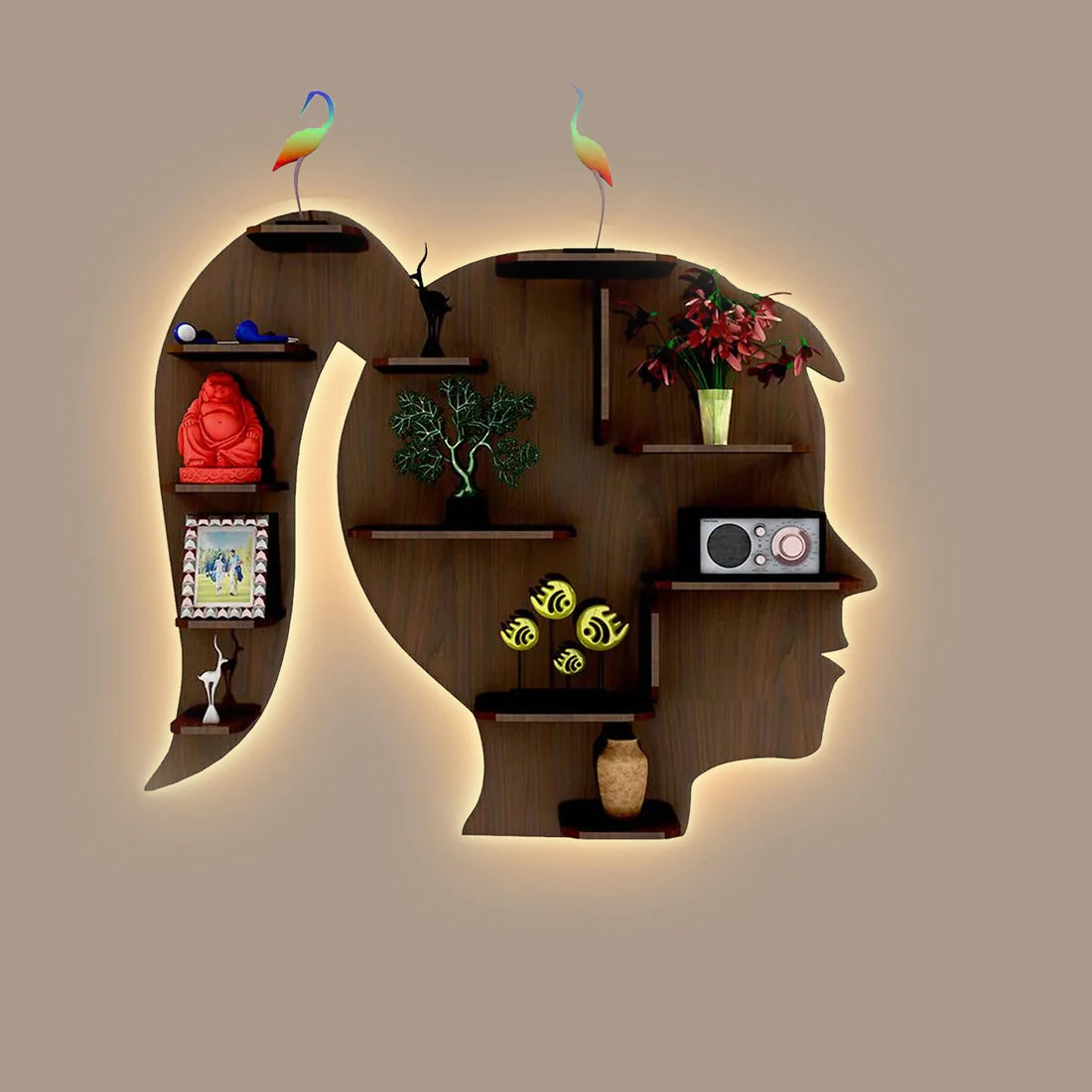 Girl Backlit Wooden Wall Shelf / Designer Book Shelf / Night Light – Walnut Finish