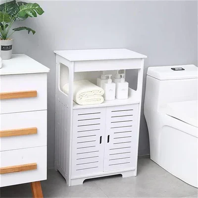 Compact White Bathroom Cabinet with Shutter Doors & Open Shelf