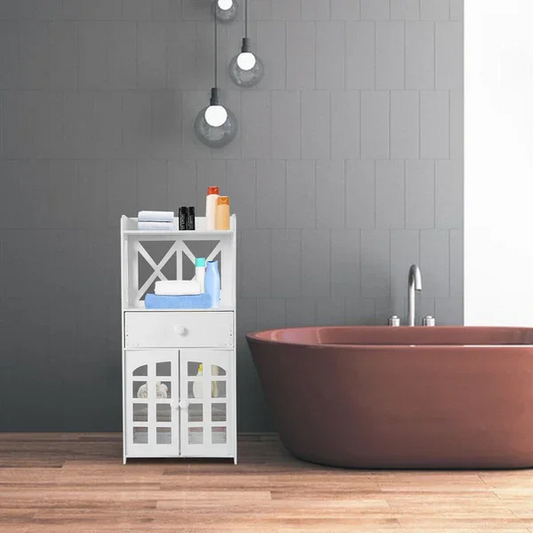 Modern White Bathroom Storage Cabinet with Shelves & Drawer