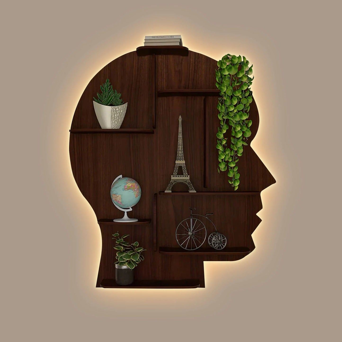 Man Silhouette Backlit Wooden Wall Shelf / Book Shelf – Elegant Walnut Finish