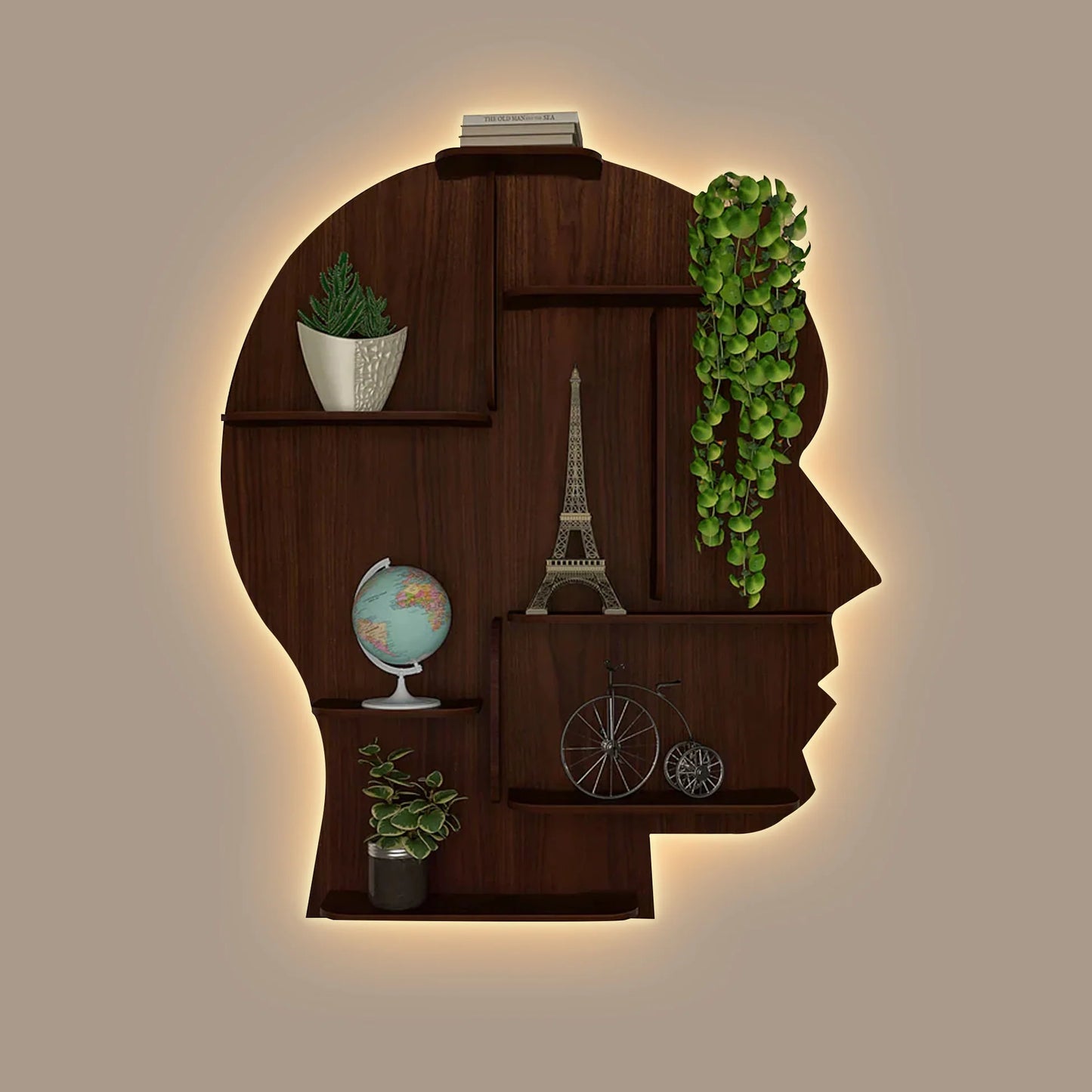 Man Silhouette Backlit Wooden Wall Shelf / Book Shelf – Elegant Walnut Finish