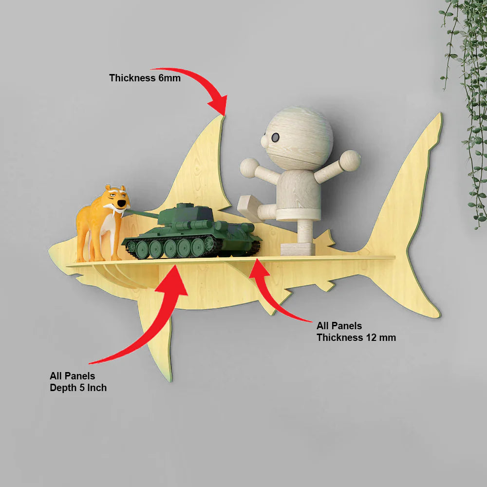 Shark-Themed Wooden Wall Shelf – Decorative Rack for Books & Toys
