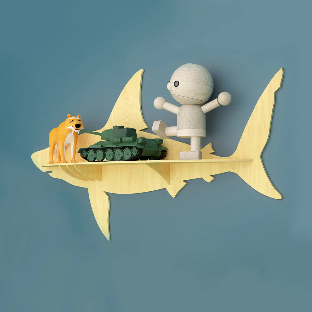 Shark-Themed Wooden Wall Shelf – Decorative Rack for Books & Toys