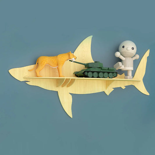 Shark-Themed Wooden Wall Shelf – Decorative Rack for Books & Toys