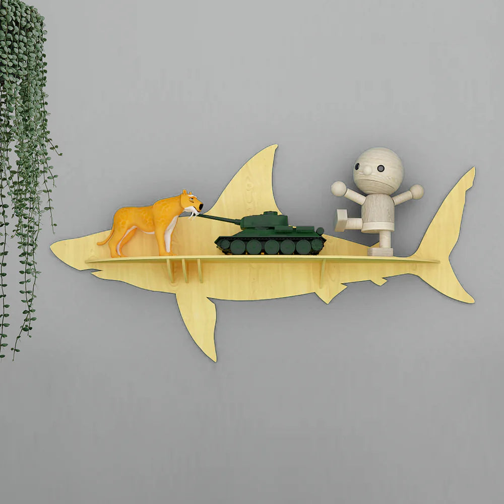Shark-Themed Wooden Wall Shelf – Decorative Rack for Books & Toys