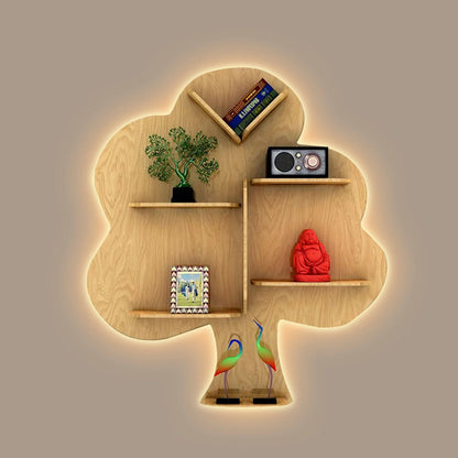 Tree-Shaped Wooden Wall Shelf – Light Oak Finish | Book & Decor Rack