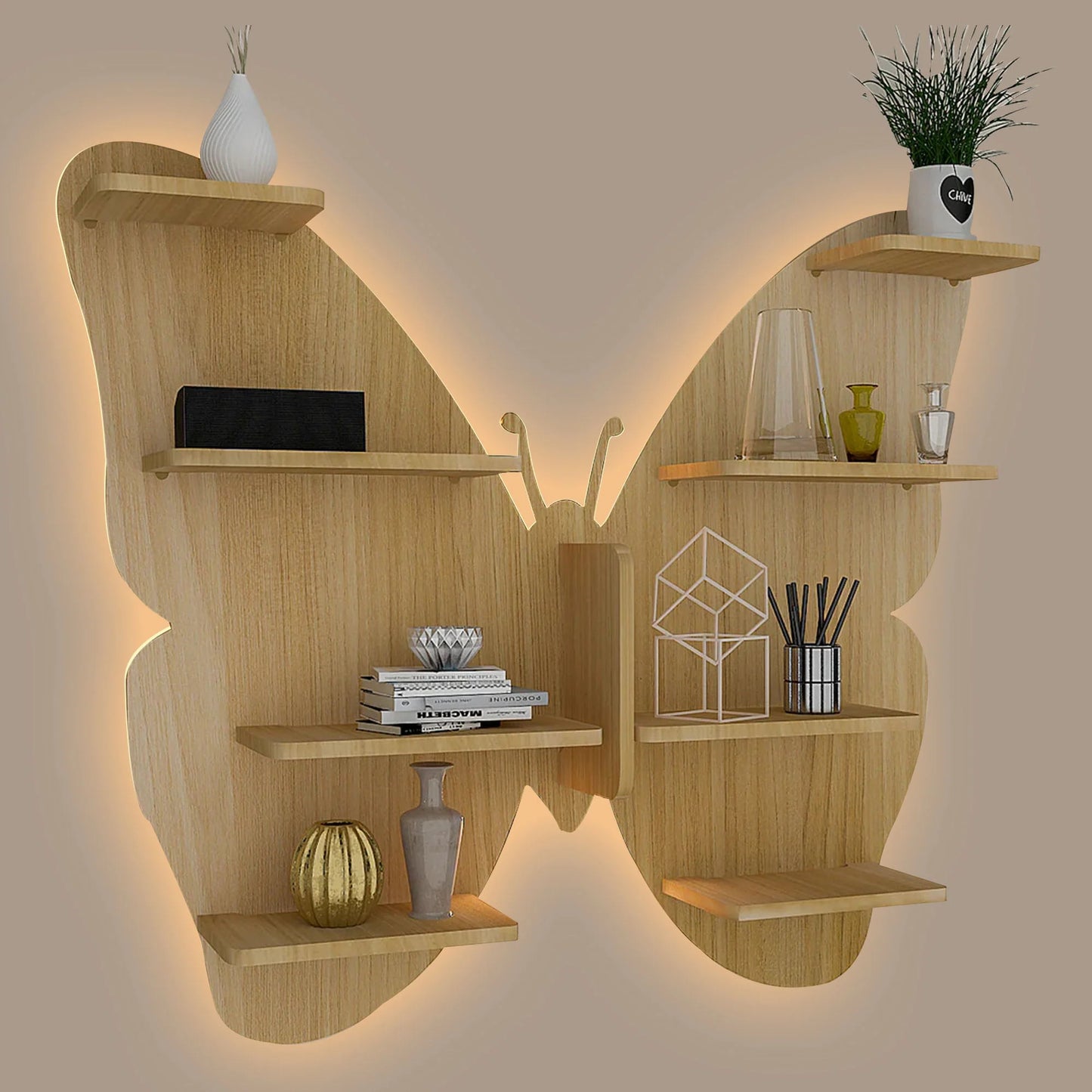 Butterfly Shaped Designer Wooden Wall Shelf – Oak Finish | Books & Décor