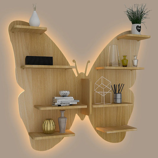 Butterfly Shaped Designer Wooden Wall Shelf – Oak Finish | Books & Décor