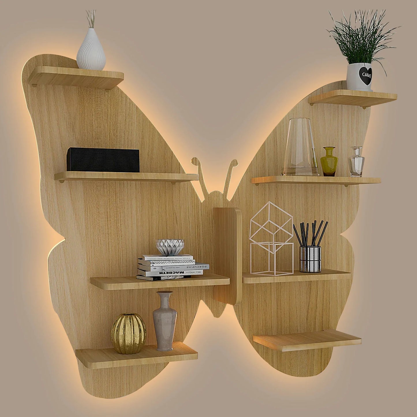 Butterfly Shaped Designer Wooden Wall Shelf – Oak Finish | Books & Décor