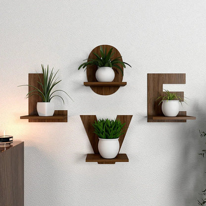 "LOVE Shaped Wall Planter Shelves – Set of 4 | Dark Walnut Wooden Alphabet Shelf Décor"