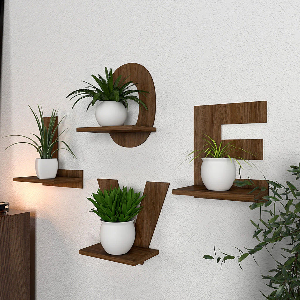 "LOVE Shaped Wall Planter Shelves – Set of 4 | Dark Walnut Wooden Alphabet Shelf Décor"