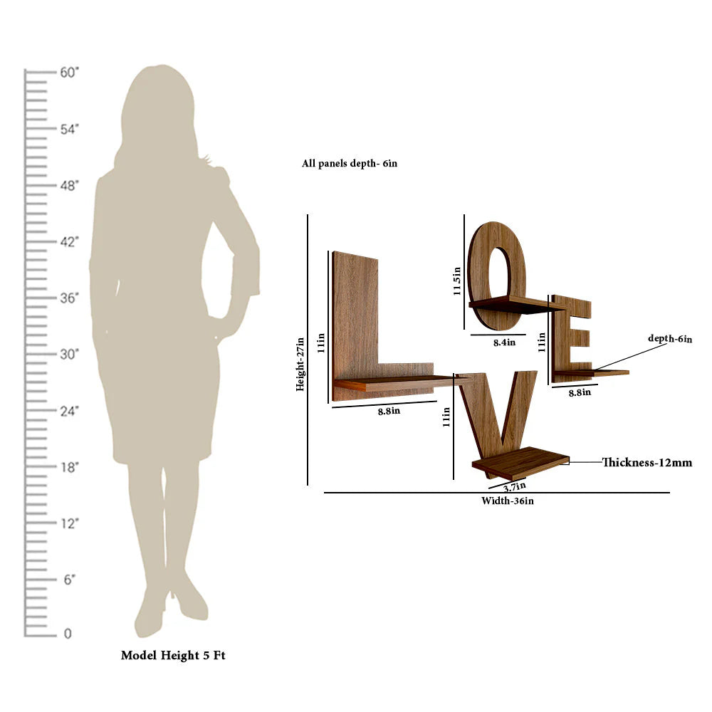 "LOVE Shaped Wall Planter Shelves – Set of 4 | Dark Walnut Wooden Alphabet Shelf Décor"
