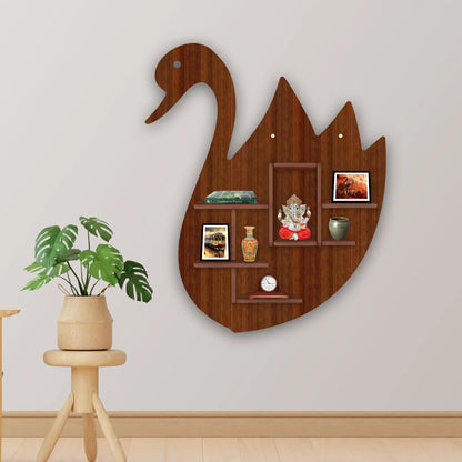 Modern Swan Style Wooden Wall Shelf – Walnut Finish | Books & Decor Display